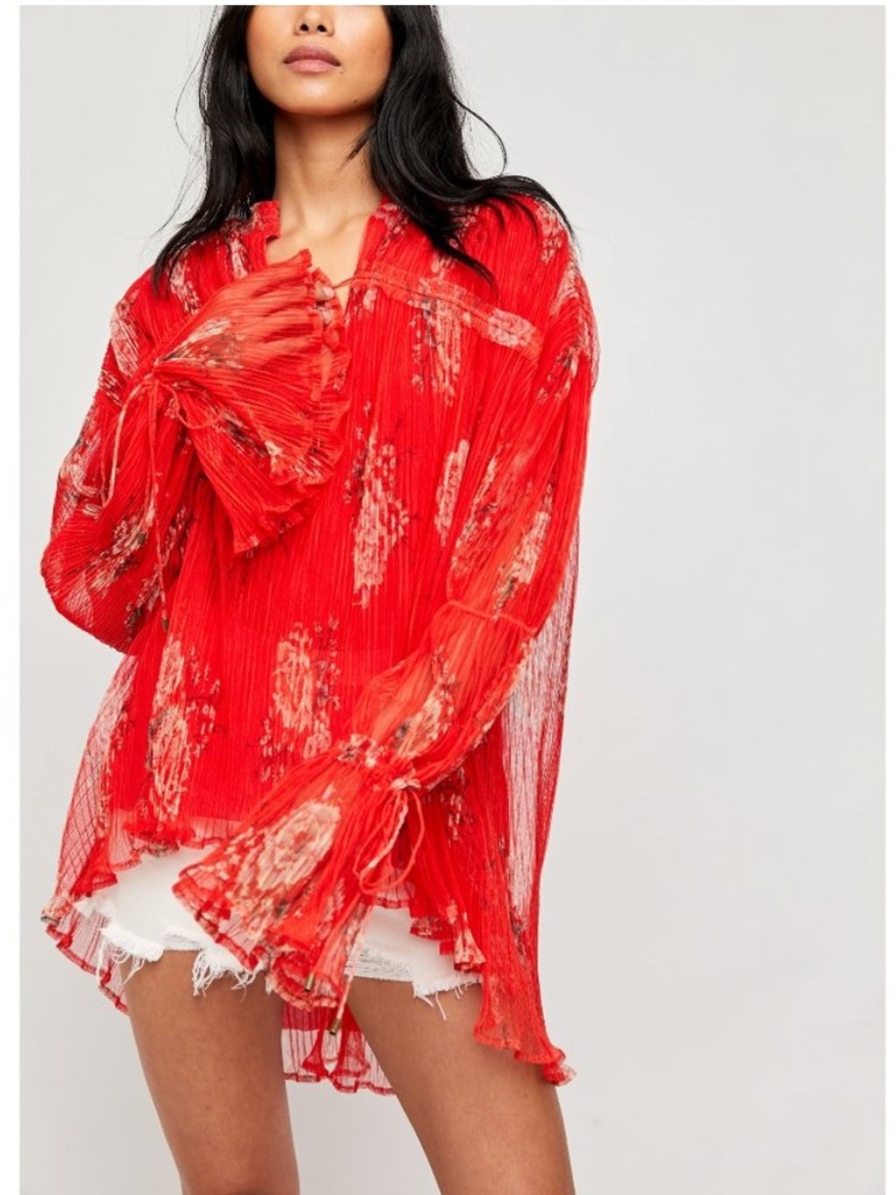 Free People Dahlia Tunic Top Pleated Boho Pop Combo Red Size Small NEW